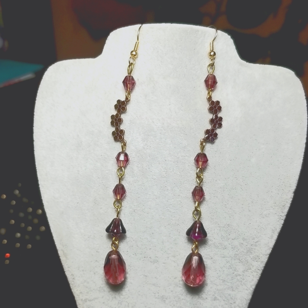 Long Purple Crystal Handmade Vintage Enameled Flower Earrings